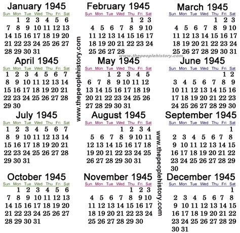 Calendar Of 1945